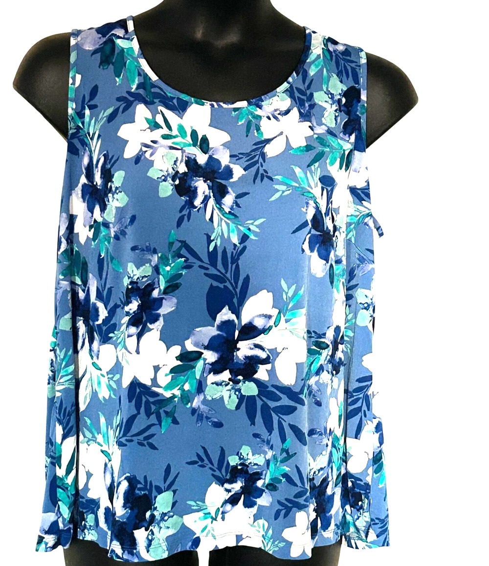 Blue Floral Sleeveless Top 1X 18/20W Scoop Neck Lightweight Polyester Spandex